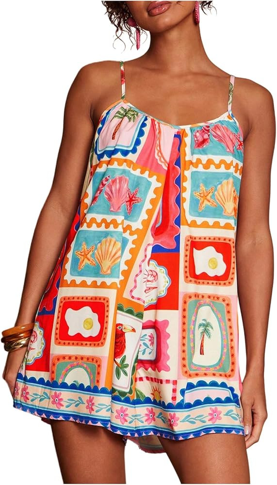 Milumia Women's Tropical V Neck Spaghetti Strap Romper Summer Vacation Loose Shorts Jumpsuits | Amazon (US)