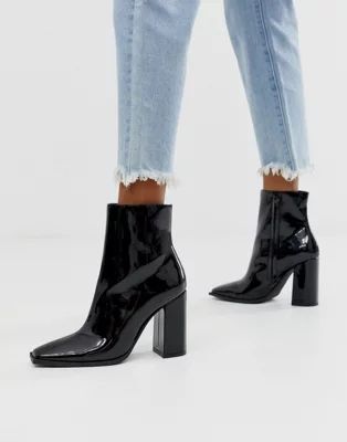 Public Desire Ashton block heeled ankle boot in black patent | ASOS (Global)