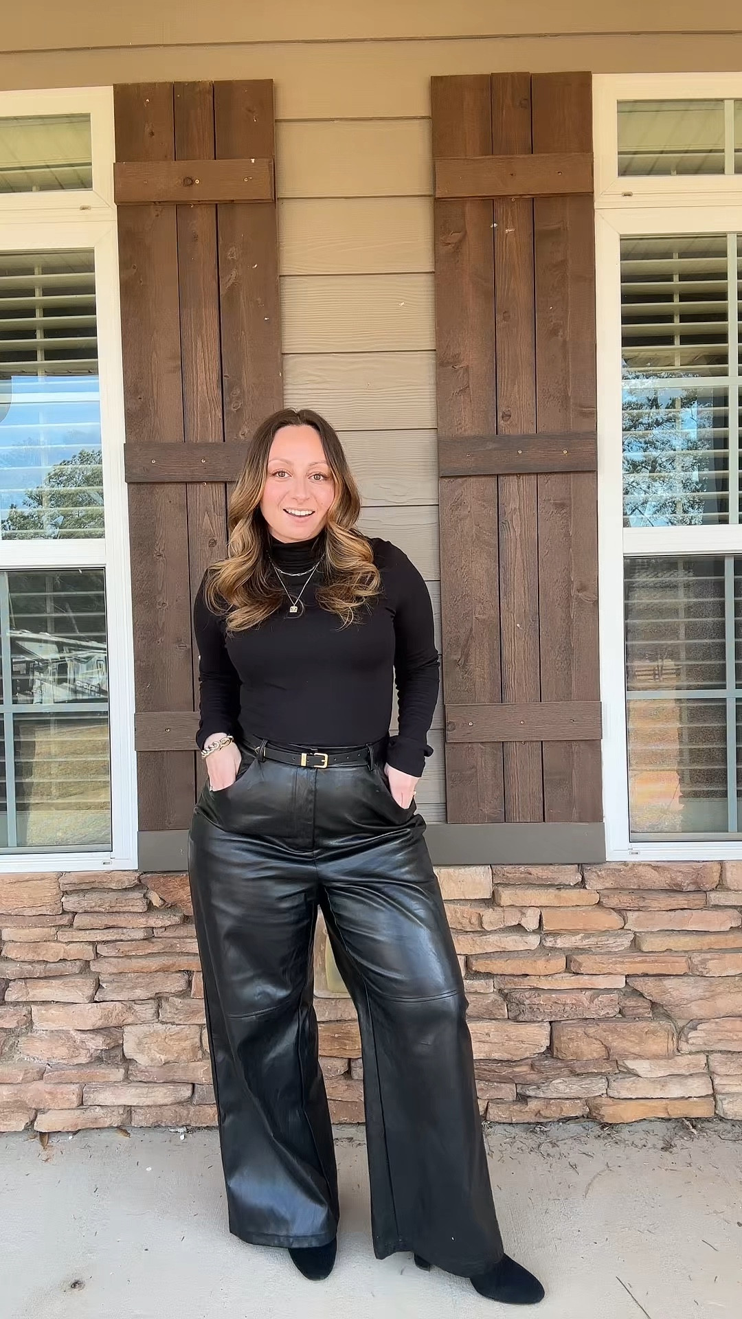 Today’s monochrome black outfit of the day featuring my SHEIN pants, @Quince  boots, @Target  top, and my Melinda Maria Jewelry.  PS I’ll have it all in my LTK 🫶🏼 #ootd #outfit #leatherpants #monochrome #quince

#LTKMidsize #LTKWorkwear #LTKSeasonal