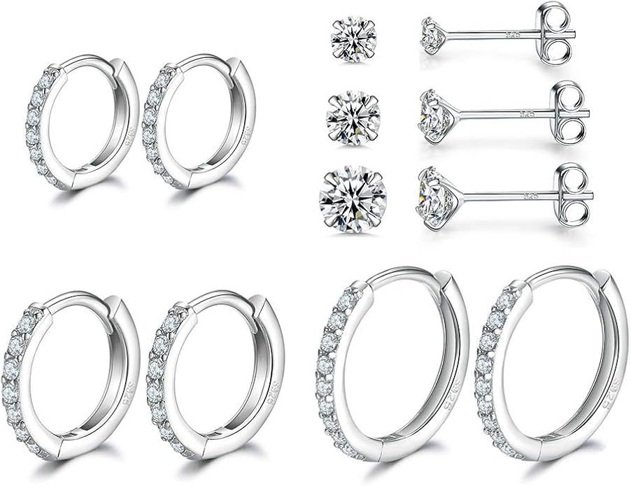 3 Pairs Sterling Silver Small Hoop Earrings Tiny Cartilage Earring Cubic Zirconia Cuff Huggie Ear... | Amazon (US)