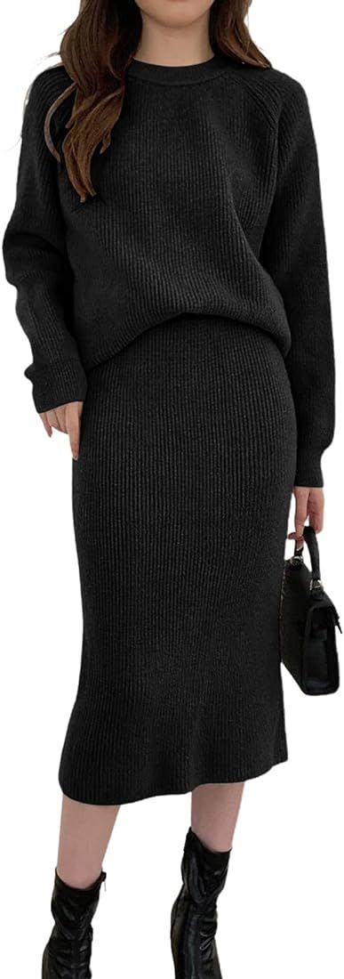 chouyatou Women's Two Piece Sweater Skirt Sets Knit Sweater Top Bodycon Skirt 2 Piece Outfits | Amazon (US)