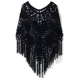 Delicate Hand-knit Fringe Cape in Black | Chicwish