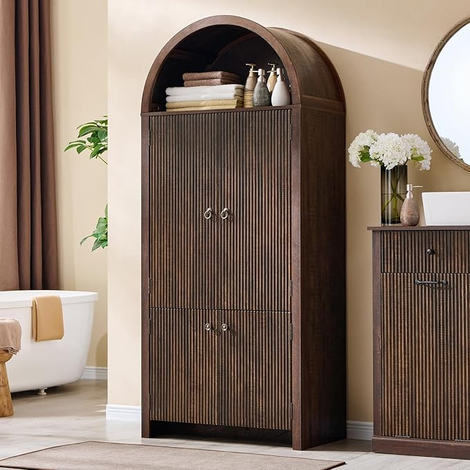 71" Tall Arched Bathroom Storage Cabinet, Modern Fluted Storage Cabinet w/Doors, 3 Adjustable She... | Amazon (US)
