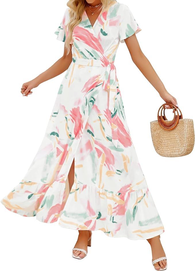 ZESICA Women's 2024 Bohemian Floral Printed Wrap V Neck Short Sleeve Split Beach Party Maxi Dress | Amazon (US)