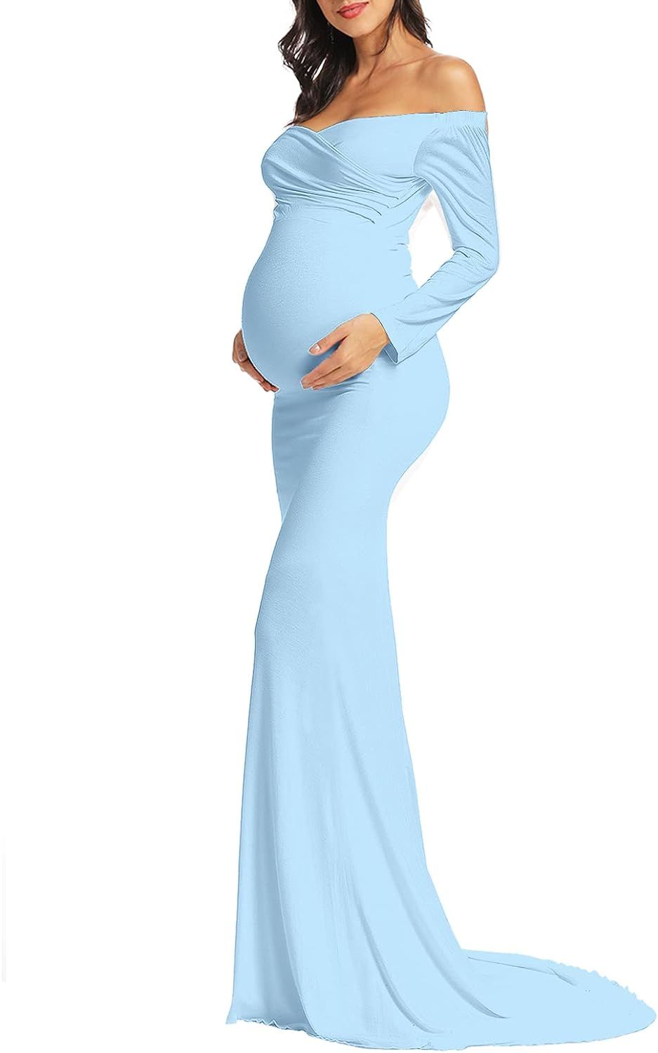 Off Shoulder Mermaid Maternity Gown for Photoshoot/Slim Fit Long Sleeve Maternity Maxi Dress Baby... | Amazon (US)