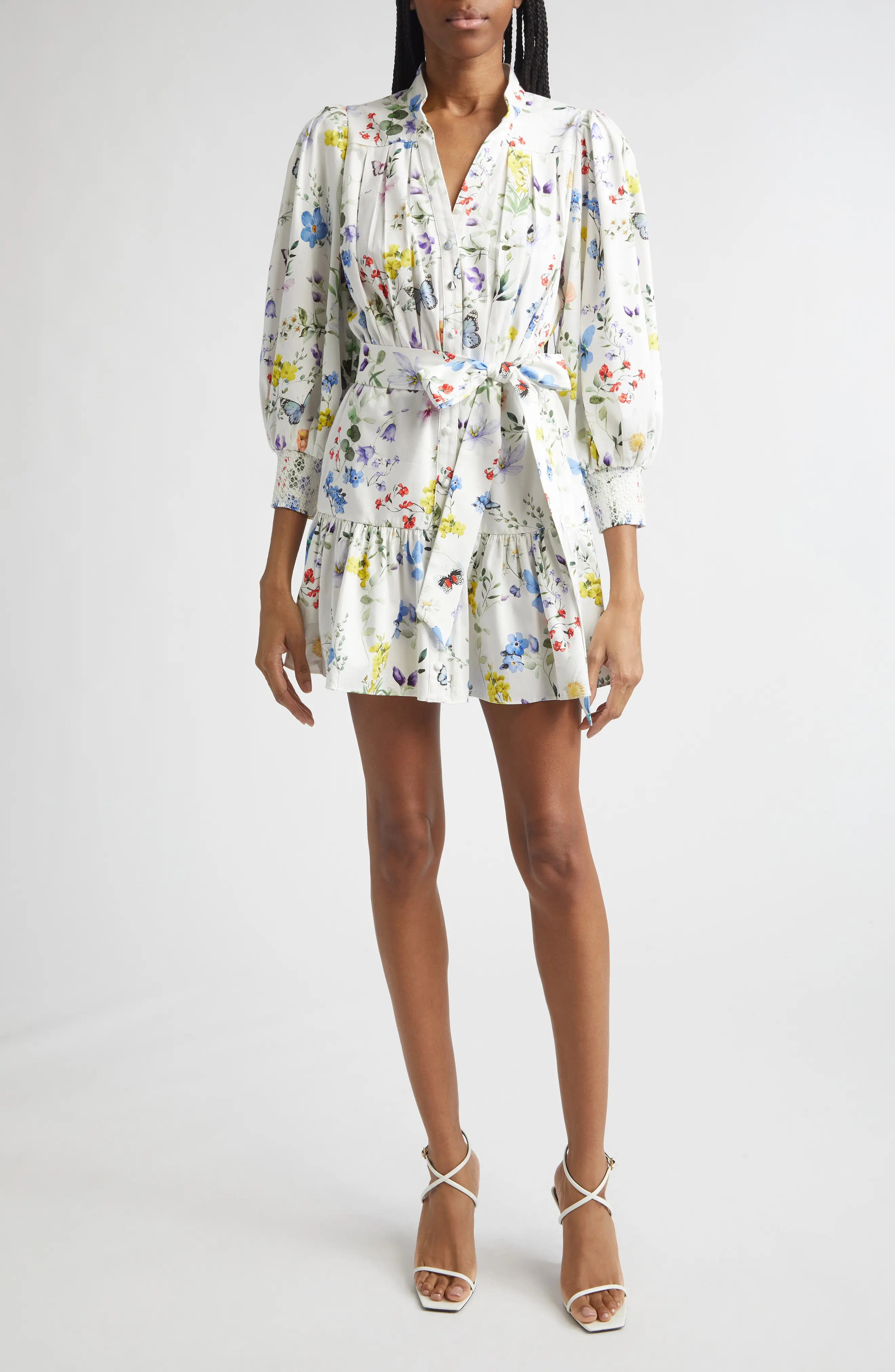 Alice + Olivia Cora Floral Print Mini Shirtdress in Twisting Vines Off White at Nordstrom, Size X-Small | Nordstrom