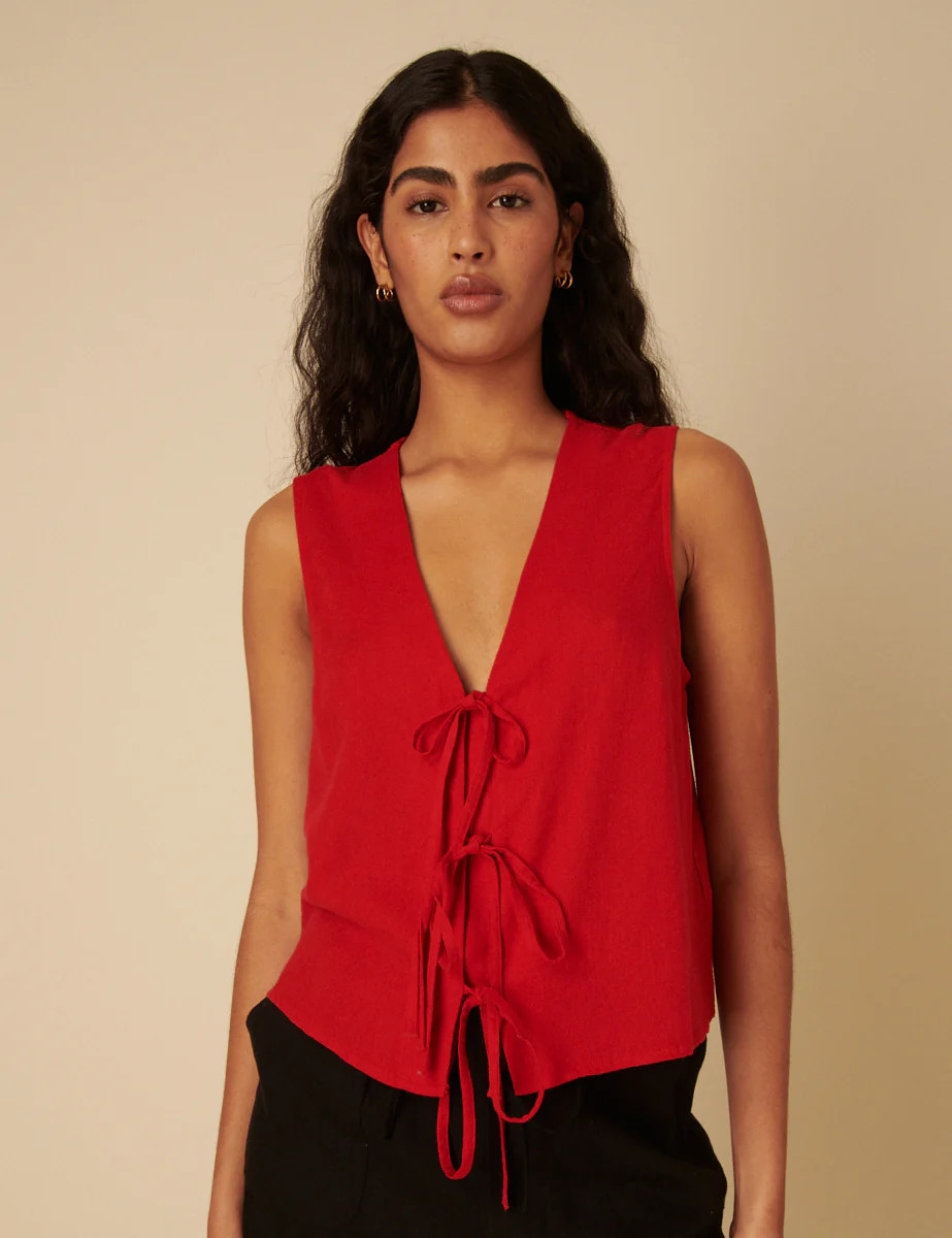 Red Linen-blend Tie Front Sleeveless Top | Nobody's Child