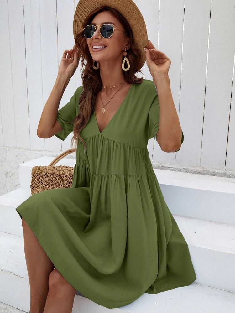 V Neck Solid Smock Dress | SHEIN