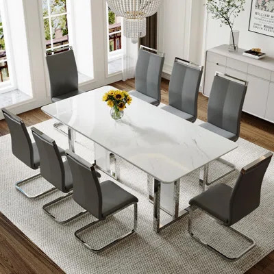Dining Table, 78.7" Dining Table Set With Chrome Plate Leg, Modern Kitchen Table And Chairs For Dinner Room,High Glossy,Sturdy Structure | Wayfair North America