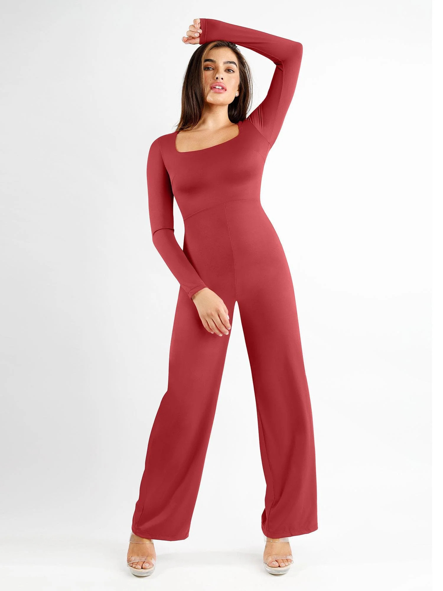 Shapewear Long Sleeve Square Neck Slimming Wide Leg Jumpsuit | Popilush