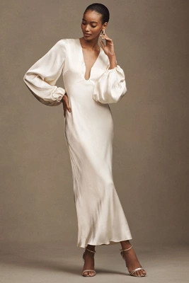Shona Joy La Lune Plunge Balloon-Sleeve Satin Midi Dress | Anthropologie (US)