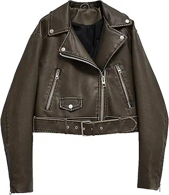 LY VAREY LIN Women Faux Leather Cropped Jacket Zipper Buckle Belted Distressed Biker Coat | Amazon (US)