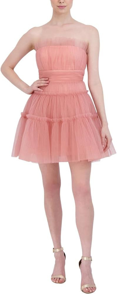 BCBGMAXAZRIA Women's Fit and Flare Sleeveless Short Evening Dress Mesh Boned Bodice Pleated Tulle... | Amazon (US)