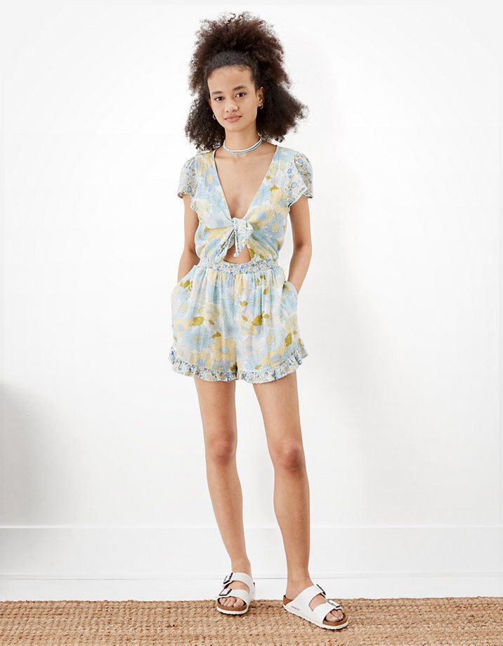 AE Floral Cut-Out Tie-Front Romper | American Eagle Outfitters (US & CA)