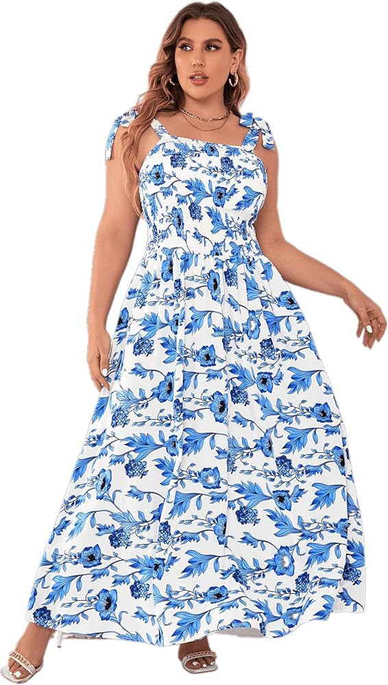 Floerns Women's Summer Boho Floral Print Tie Strap A Line Long Maxi Dress | Amazon (US)