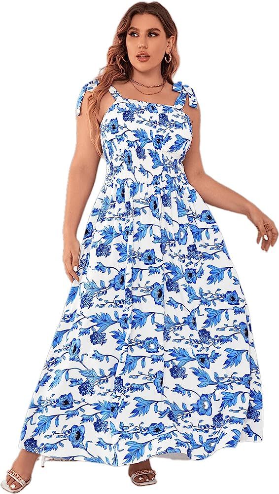 Floerns Women's Summer Boho Floral Print Tie Strap A Line Long Maxi Dress | Amazon (US)