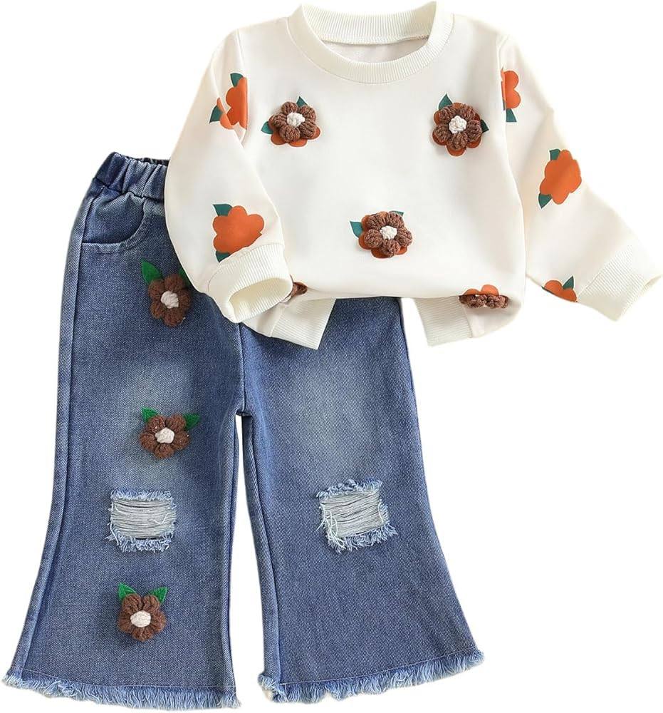 Toddler Baby Girl Clothes Fall Winter Baby Girl Outfit Floral Crewneck Sweatshirt Bell Bottom Jea... | Amazon (US)