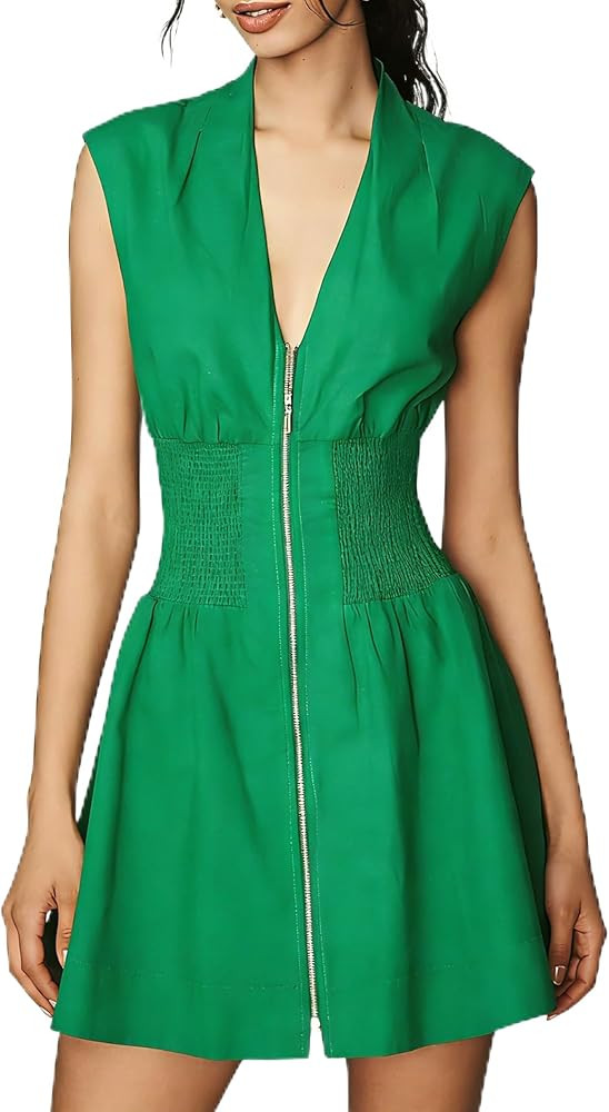 Women’s V Neck Summer Dress Cap Sleeve Zipper Mini Dress Smocked Slit Dress with Pockets | Amazon (US)
