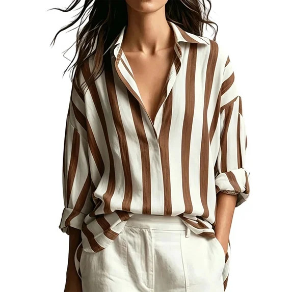 Women's Striped Shirts Loose Lapel V Neck Tops Long Sleeve Dressy Casual Travel Colorblock Baggy ... | Walmart (US)