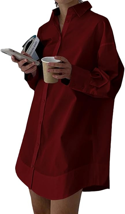 LYANER Women's V Neck Casual Shirt Dress | Collar Button Down Loose Long Sleeve Mini Dresses | Amazon (US)