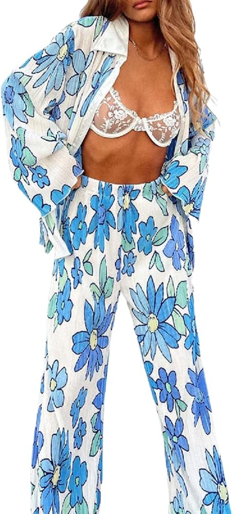 Women 2 Pcs Outfits Pants Set Floral Printed Button Down Loose Blouses Shirt Top High Waisted Pants  | Amazon (US)