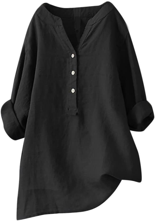 Women's Tunic Button Up Blouse Tops Plus Size Solid Cotton Linen Dressy Shirt Casual Long Sleeve ... | Amazon (US)
