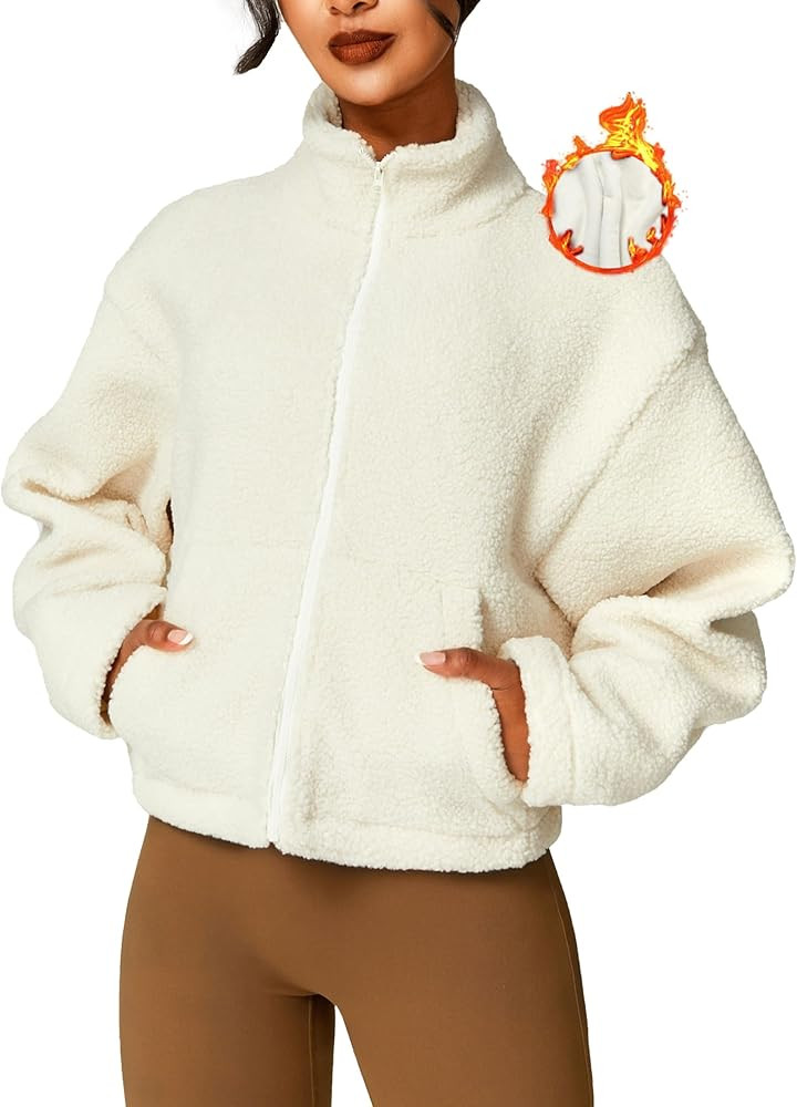 HerGymClothing Womens Sherpa Cropped Jacket Stand Collar Full Zip Long Sleeve Short Fleece Coat W... | Amazon (US)