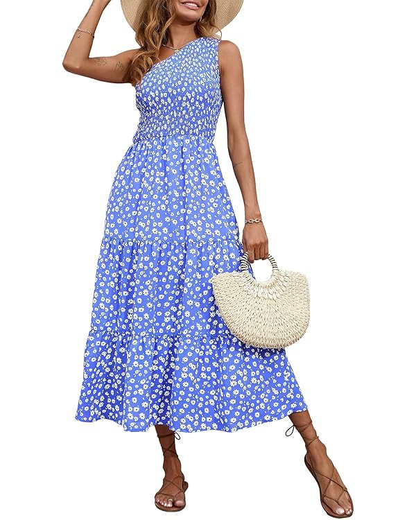 BTFBM Women One Shoulder Sleeveless Casual Summer Dresses 2023 Smocked High Waist Floral Flowy Be... | Amazon (US)