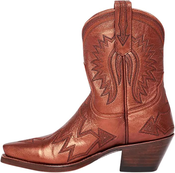 Metallic Embroidered Cowgirl Boots For Women Pointed Toe Western Boots Chunky Heel Pull On Short ... | Amazon (US)