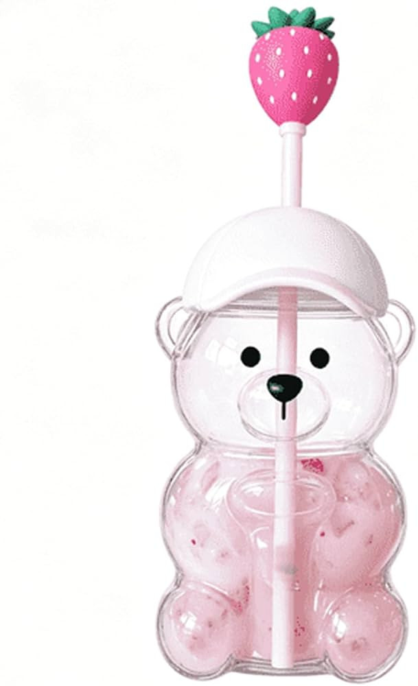 Bear Shaped Clear Glass Water Bottle with Straw, 20oz Cute 3D Bear Cup with Strawberry Straw Topp... | Amazon (US)