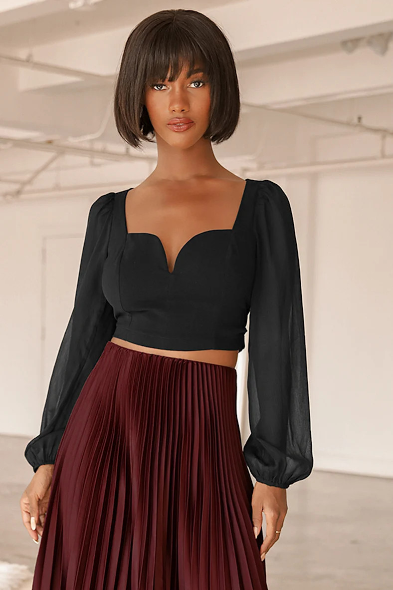 Say it Again Black Tie-Back Long Sleeve Crop Top | Lulus (US)