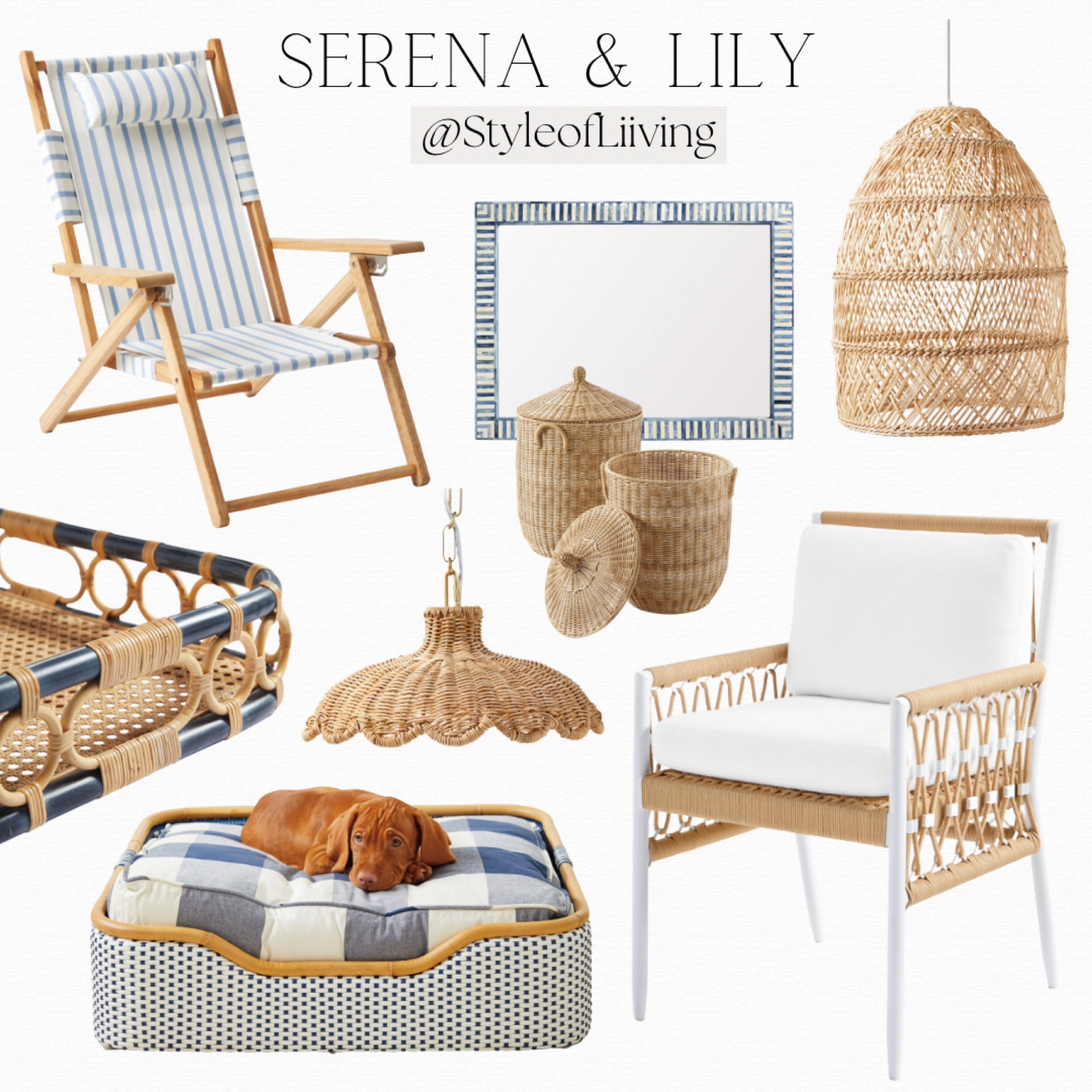 Serena and Lily finds! Teak beach chair, dog bed, light dune dining chair, woven bell pendant, scalloped rattan pendant, blue bone inlay mirror, baskets.

#LTKstyletip #LTKhome #LTKsalealert
