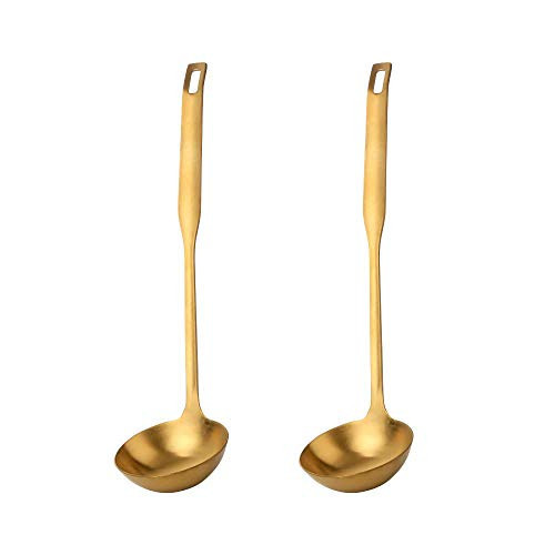 Buyer Star 2 Pcs Soup Ladle Spoons, Gold Cookware Serving Long Handle Steel Slotted Spoon Cooking Utensil Set for Hotpot | Amazon (US)