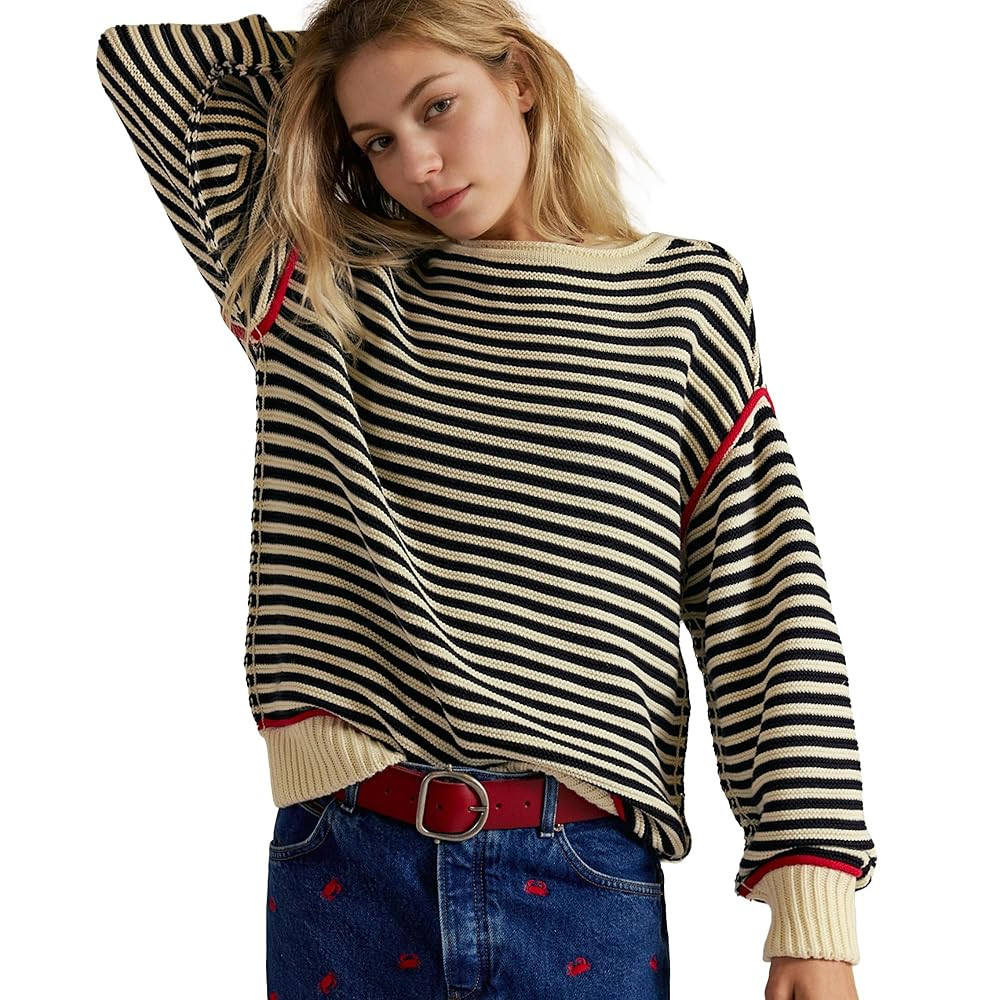 Hixiaohe Oversized Sweaters for Women Striped Cute Knit Sweater Long Sleeve Crew Neck Pullover To... | Amazon (US)