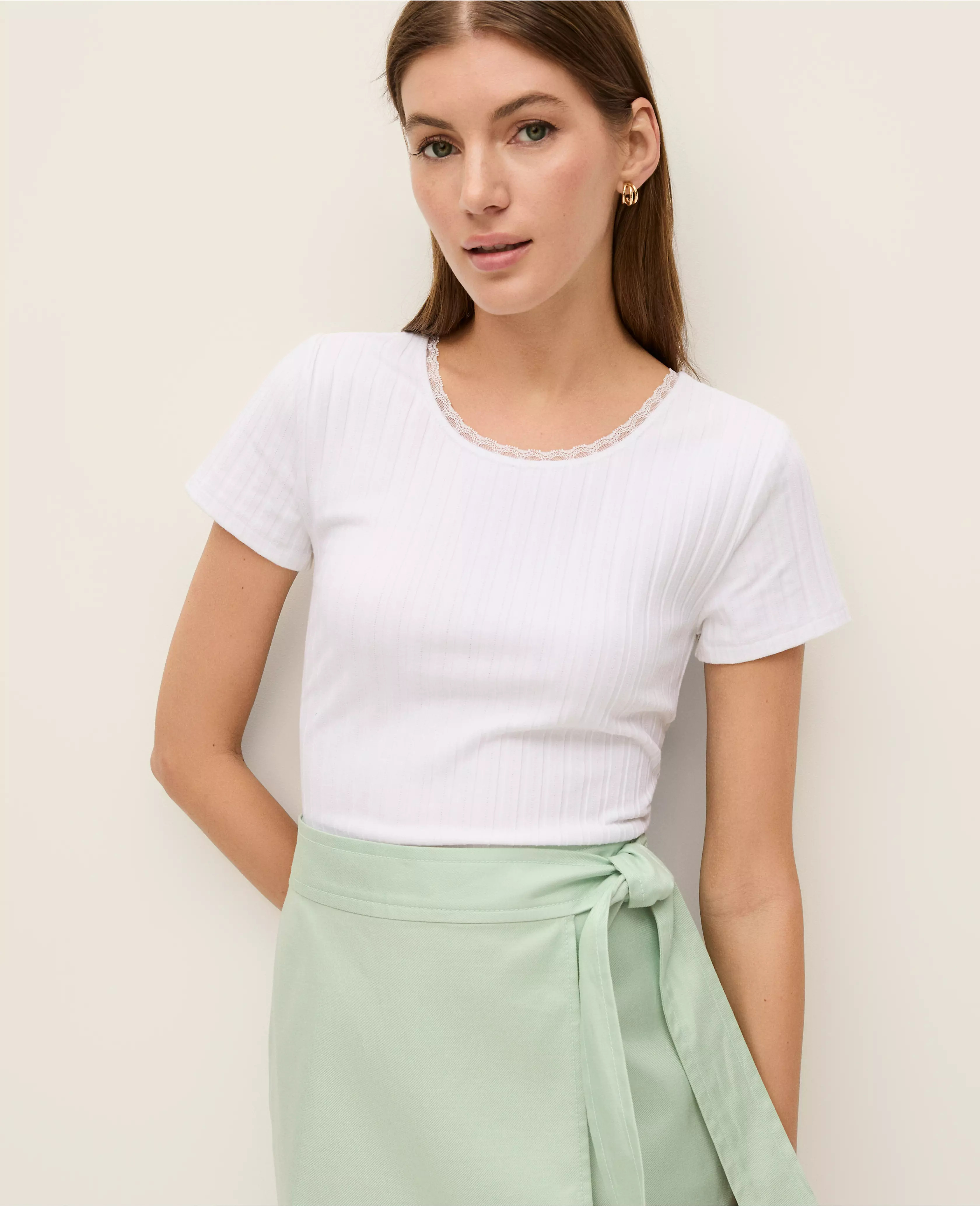 Weekend Collection Lace Trim Pointelle Tee | Ann Taylor
