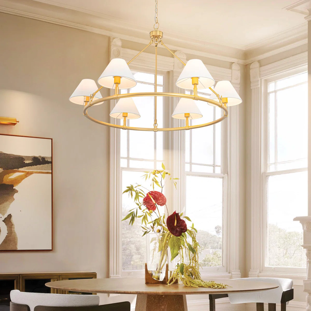 6 - Light Dimmable Farmhouse Wagon Wheel Classic / Traditional Chandelier With White Shade | Wayfair North America