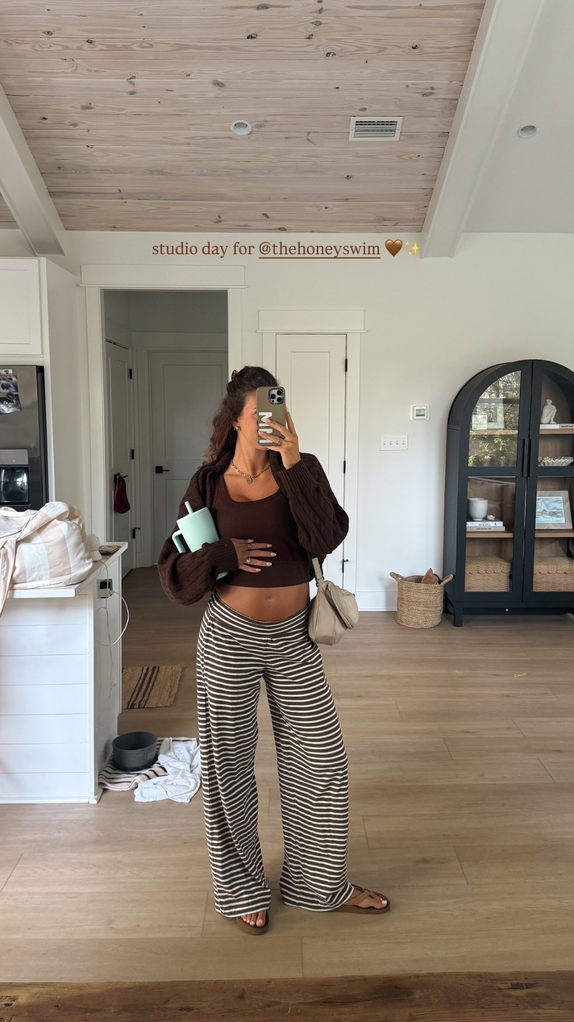 casual bump outfit of the day🤎✨ wearing size XS tank and pants! 

free people, neutral outfit, bump friendly, pregnancy outfit, wide leg pants, basic top, tank top, spring fashion, stripes 

#LTKFindsUnder100 #LTKBump #LTKStyleTip