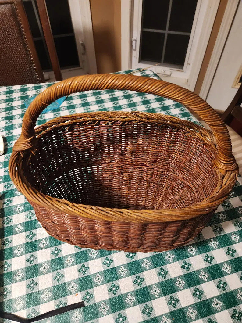 Vintage Mid-century Woven Wicker Basket With Handle – 15" Tall Oval Farmhouse Storage & Rustic ... | Etsy (US)
