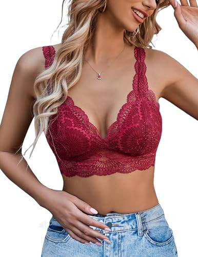 Avidlove Lace Bralettes Womens Triangle Plunge Wireless Bras Camisole Tops Cami Strappy Sexy Soft (Red,M) | Amazon (US)