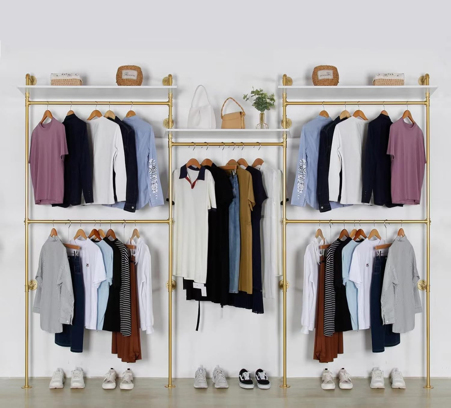 Industrial Pipe Clothing Rack Wall Mounted 5 Hanging Rods Garment Bar with Storage Shelf, Heavy D... | Amazon (US)