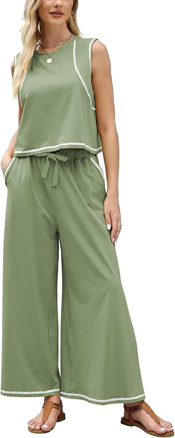 Ynhonra Women’s 2 Piece Lounge Set Sleeveless Tank Top & Wide Leg Pants Contrast Trim Relaxed C... | Amazon (US)