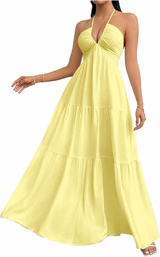 SHENHE Women's Deep V Neck Tie Knot Backless Halter Dress A Line Flowy Ruffle Maxi Dress | Amazon (US)