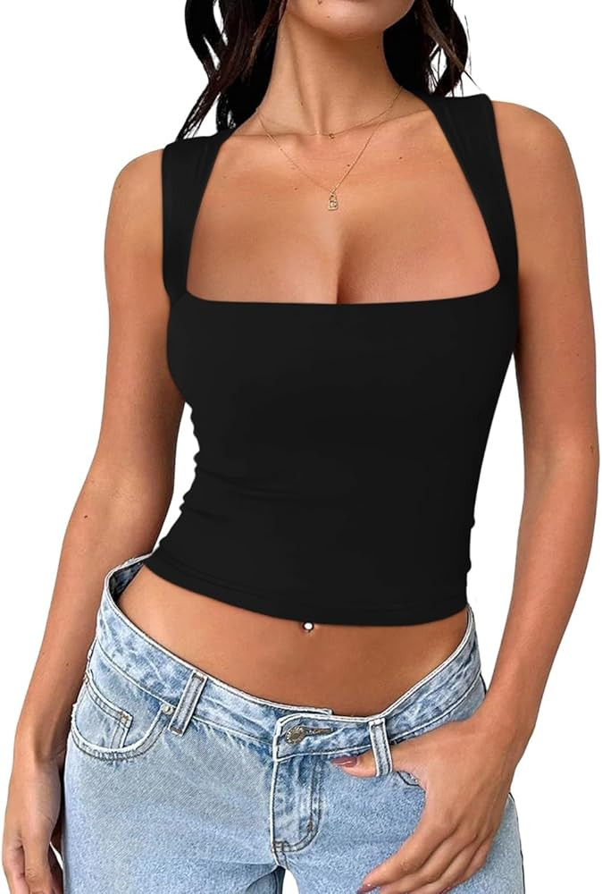 REORIA Butsmooth® Women's Square Neck Going Out Crop Tops Double Lined Cute Basic Tank Tops 2024... | Amazon (US)
