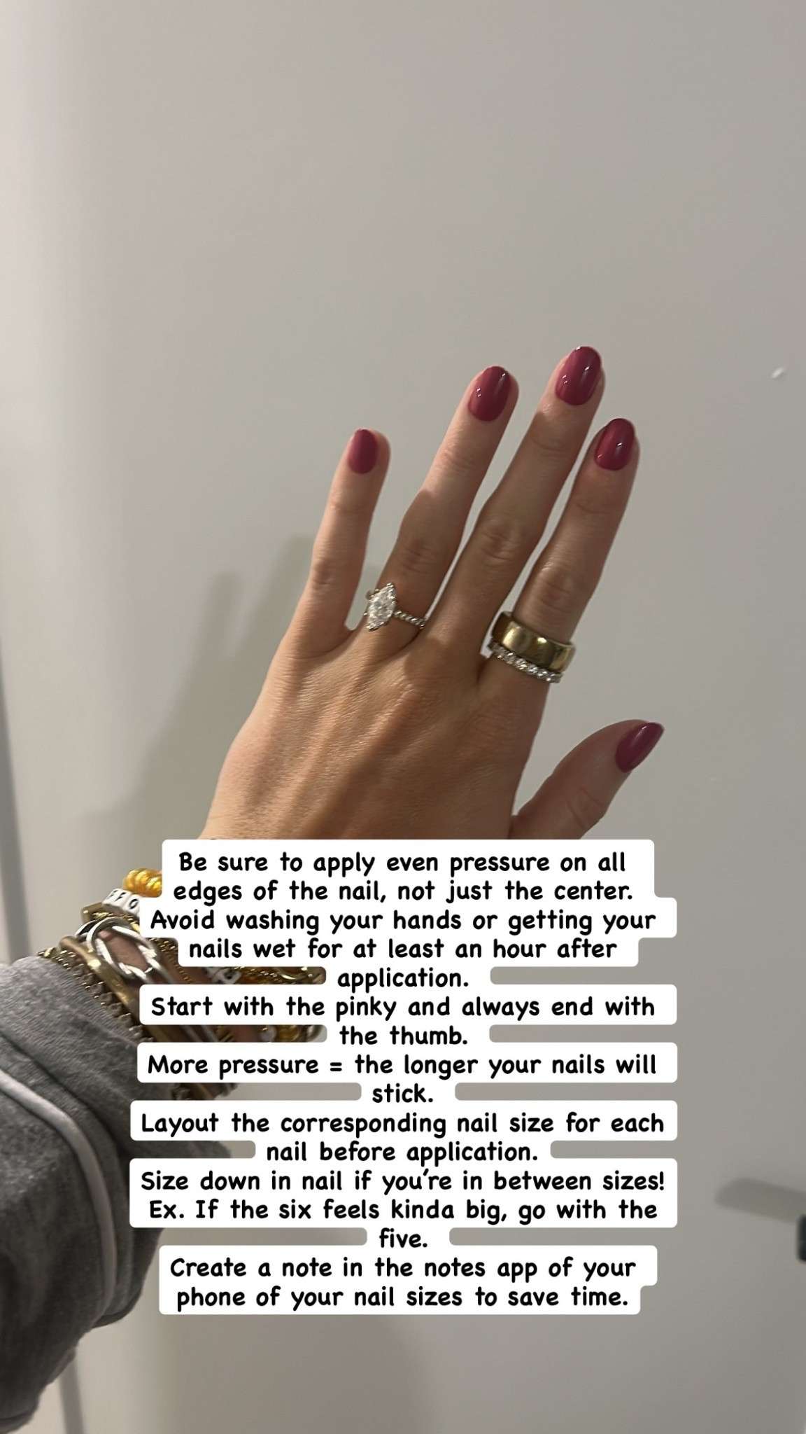 @oliveandjune  Be sure to apply even pressure on all edges of the nail, not just the center. 
Avoid washing your hands or getting your nails wet for at least an hour after application. 
Start with the pinky and always end with the thumb. 
More pressure = the longer your nails will stick. 
Layout the corresponding nail size for each nail before application.
Size down in nail if you’re in between sizes! Ex. If the six feels kinda big, go with the five. 
Create a note in the notes app of your phone of your nail sizes to save time.

#LTKFindsUnder50 #LTKSaleAlert #LTKBeauty