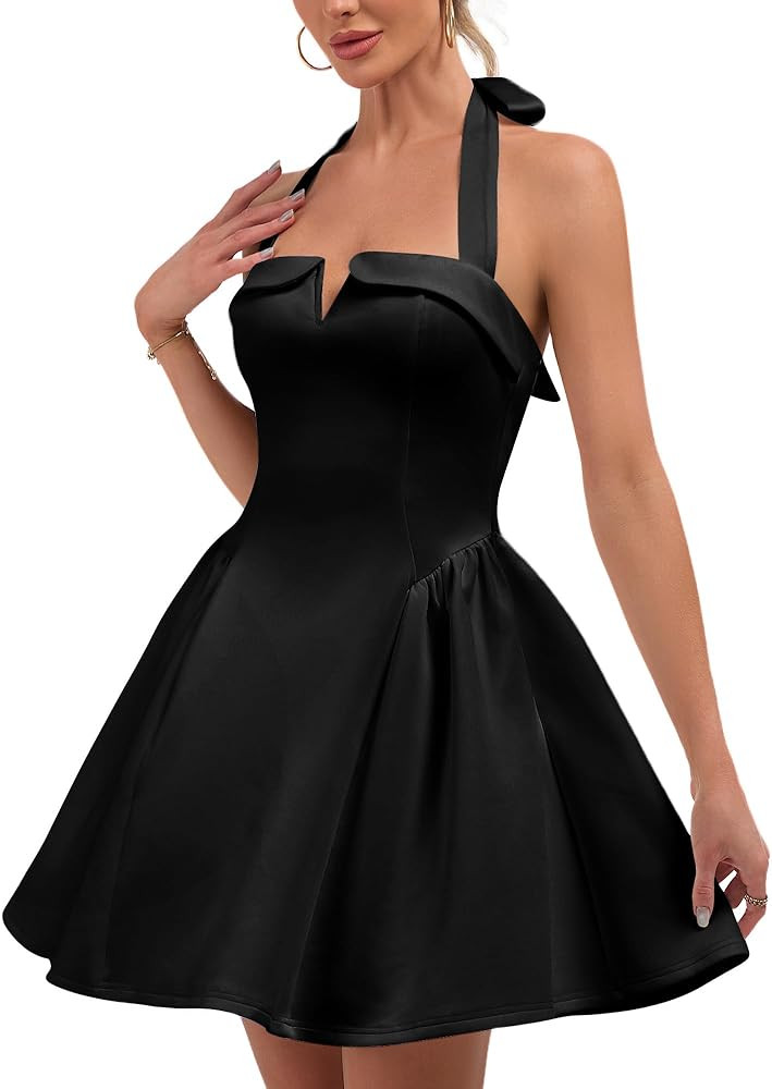 BDUCK+ Women’s Halter Bow Mini Dress Backless A-Line Cocktail Party Wedding Guest Dress Elegant... | Amazon (US)