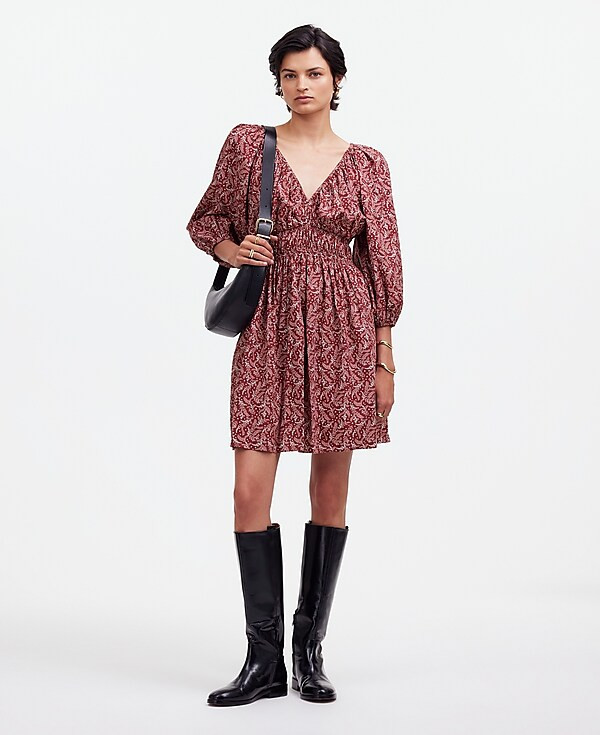 Puff-Sleeve V-Neck Mini Dress in Paisley Floral | Madewell