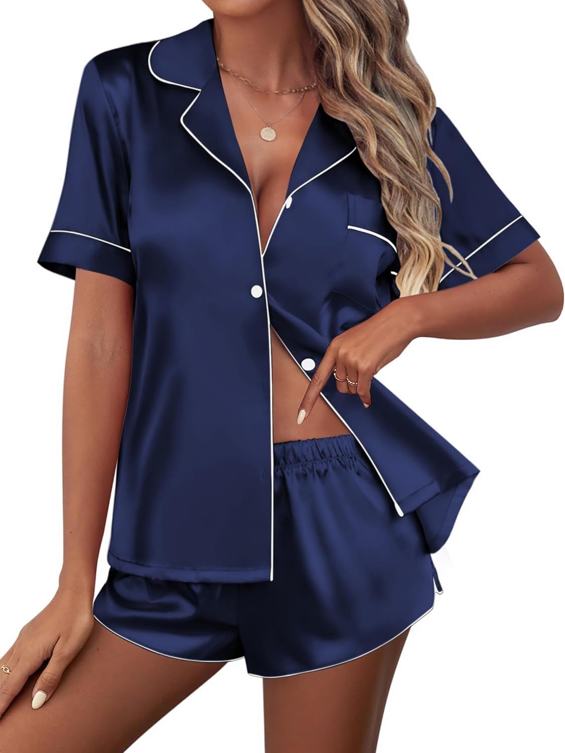 Ekouaer Womens Silk Satin Pajamas Set Short Sleeve Sleepwear Button Down Loungewear 2 Piece Pjs S... | Amazon (US)