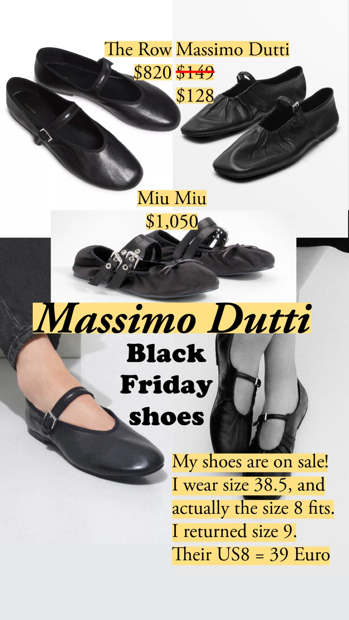 I love my ruched Mary Janes from Massimo Dutti. They’ve got that luxe, off kilter vibe, and they’re super comfortable- great, soft sole and a flexible shoe. 

Their US size 8 is actually a Euro 9. I wear shoe size 38.5 in Prada, Saint Laurent, Chloe, Gucci consistently. I returned the size 39 and got a 38 because it actually says 39 euro. I don’t understand why they made their sizing confusing for us here. 

#LTKShoeCrush #affordableluxury #balletflats #maryjanes

#LTKGiftGuide #LTKCyberWeek #LTKHoliday