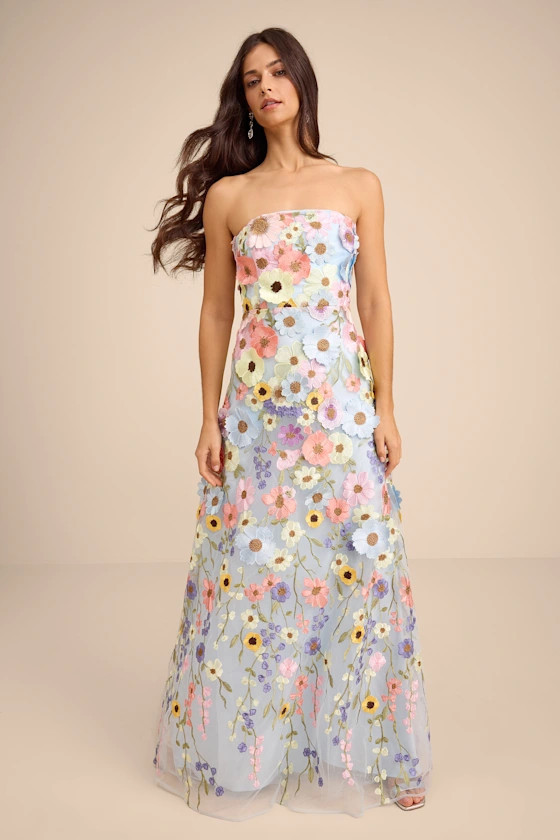Rosario Light Blue Multi 3D Floral Embroidered Maxi Dress | Lulus