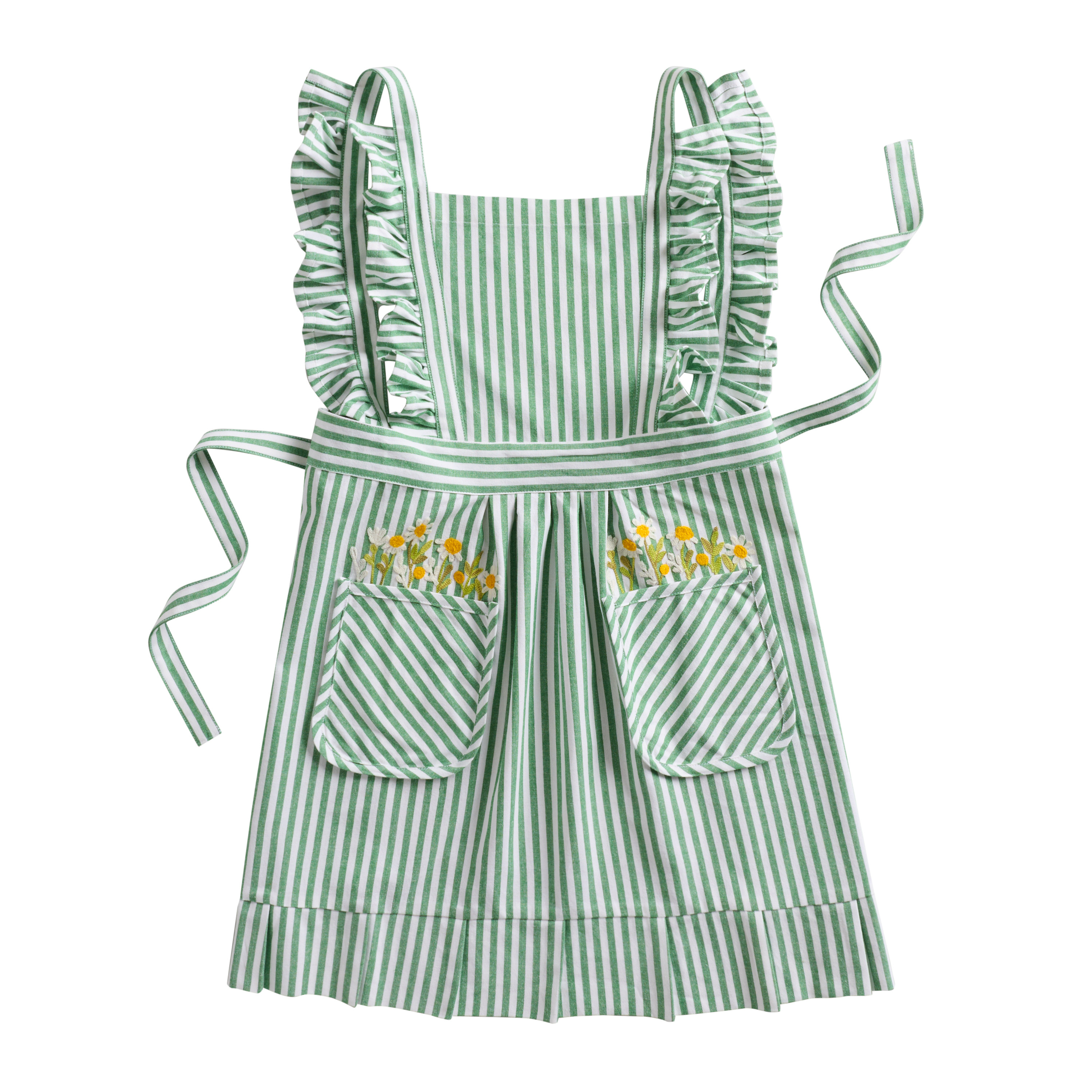 Green and White Stripe Ruffle Floral Embroidered Apron | World Market